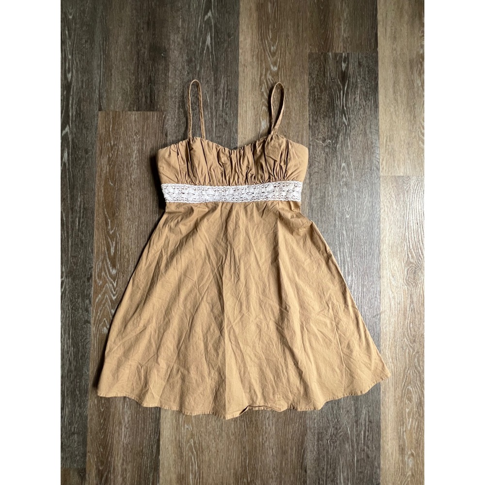 Sequin Hearts Mini Dress Womens 9 Tan Crochet Lace Trim Empire Waist Tie Back